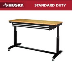 Husky 62 in. W x 24 in. D 2-Drawer Adjustable Height Black Workbench Table with Solid Wood Top