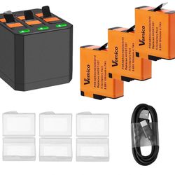 Vemico 3-Pack 1500mAh GoPro Hero 7/6/5 Batteries & 3-Channel Type-C Charger - Boost Your Camera's Power!