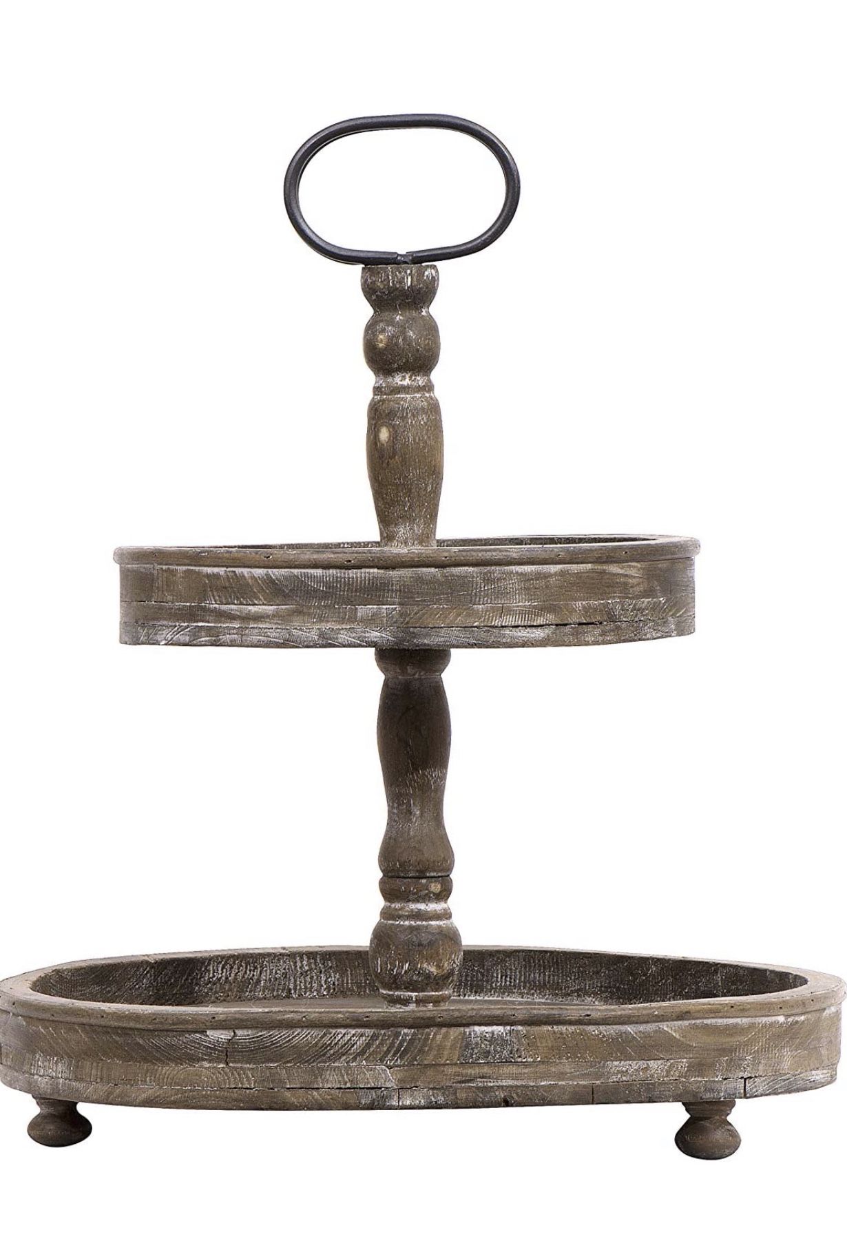 Distressed Brown Wood Metal Handle Two-Tier Tray