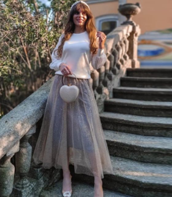 Tulle Mesh Sequin Skirts Elastic Waist Pleated Midi Skirt Sparkle Layered Flowy Fairy Tutu Skirts