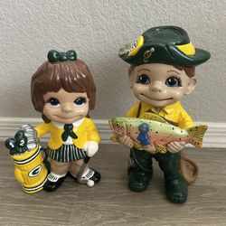 Green Bay Packers Vintage 1970s Era Big Eyed Smiley Boy Fishing Golfing Hat Classic Antique Atlantic Mold Co. Ceramic Sculpture Figure Figurine 