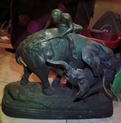Japanese Meiji Bronze Sculpture Elephants Man Spear and Tiger Mitsumoto? 22”x17”