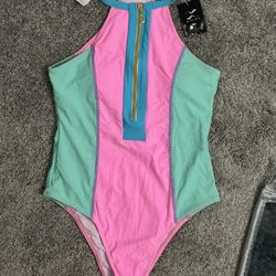 Colorblock Neon Pink Zip Swimsuit Tummy Control Size M - NEW