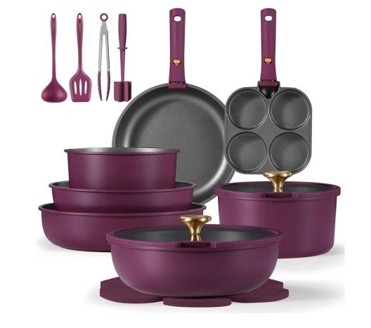 CAROTE 21pcs Pots and Pans Set, Nonstick Cookware Set Detachable Handle, Induction Kitchen Cookware Sets Non Stick with Removable Handle, RV Cookware 