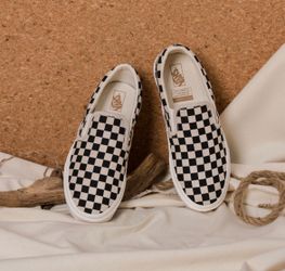 New Vans Classic Slip-On "Eco Theory - Black White Checkerboard men size 7.5 women size 9