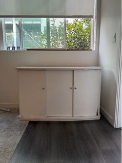 Freestanding Wood Cabinet w/ 3 Slab Doors, Painted White/Brown