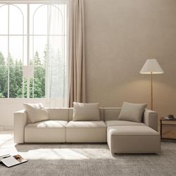 Acanva Luxury Modular Sectional Living Room Sofa Set, Modern Minimalist Style Couch with Ottoman and Chaise, L-Shape, Linen-Like Cream L-Shape Linen-l