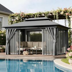 10x13 Outdoor Gazebo with Mosquito Netting and Privacy Screens Tent with Double-Roof, Water-Resistant, UV-Resistant,Metal Frame,Heavy Duty, Ideal for