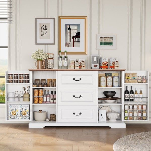 Farmhouse 54" Buffet Cabinet With Storage, White Sideboard Buffet Cabinet With 3 Drawer And Adjustable Shelves