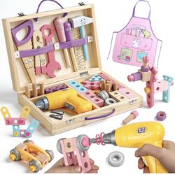 Pink Wooden Kids Tool Set with Drill 44Pcs Educational Montessori Toys for 3 Year Old Girl, STEM Toys Toddler Tool Set with Apron & Box Birthday Gifts