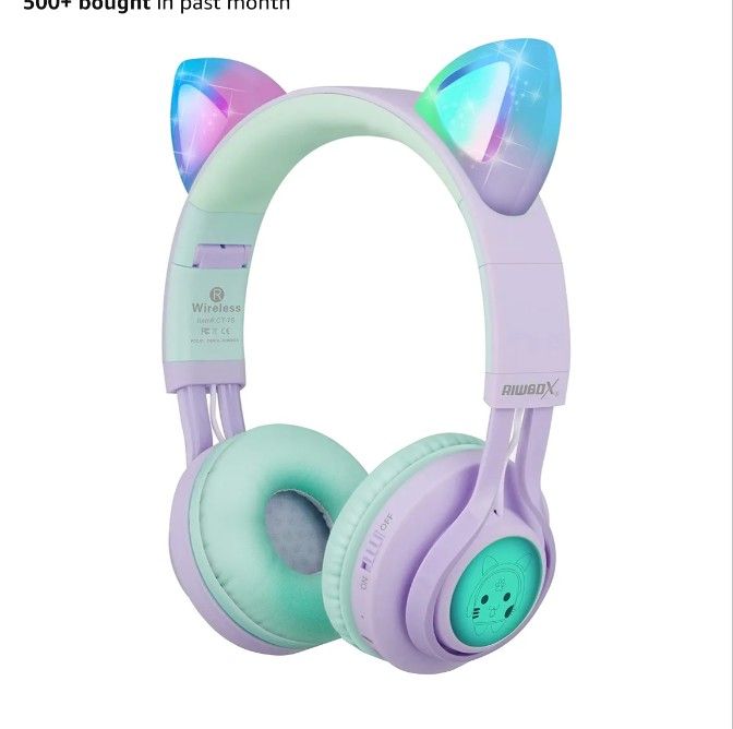 Kids Wireless Headphones, CT-7S Cat Ear Bluetooth, 85dB Volume Limiting, LED Light Up Over Ear with Microphone for Laptop/PC/TV (Purple&Green)