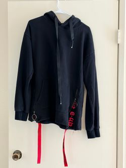 Black Hoodie with Zipper and Red Tape Details