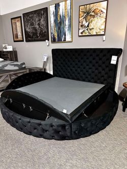 Brigitte Round Storage Bed Frame Queen size bed King Size Bed Frame Only $39 down payment 👉 Please ask Jon Green for a discount when you arrive!
