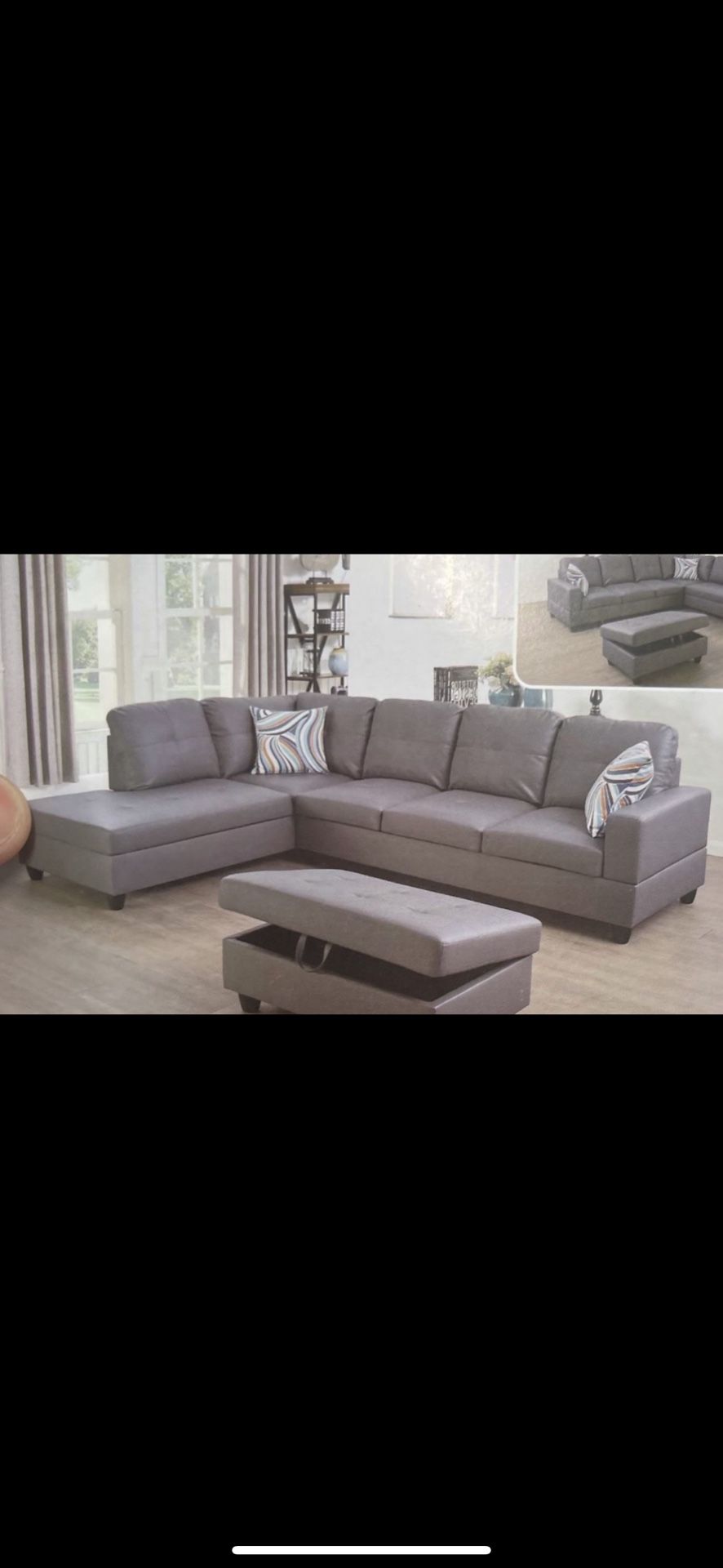 Gray Leather Sectional Couch And Ottoman