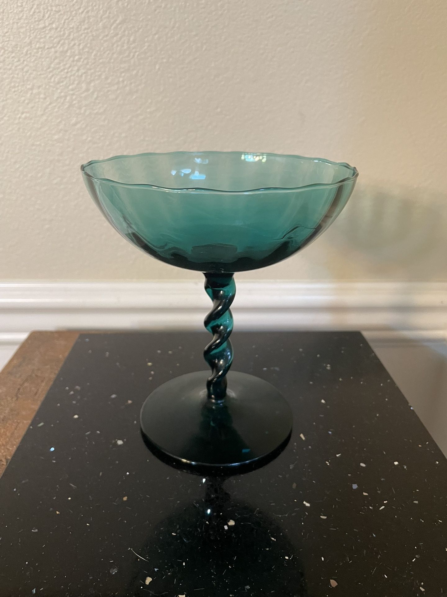 MCM. Mid Century Blue Optic Art Glass Compote Twisted 6”