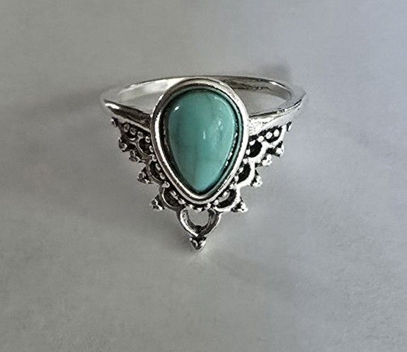 BEZEL SET TURQUOISE TEARDROP TITANIUM QUALITY FOREVER SILVER NEW SIZE 8 RING