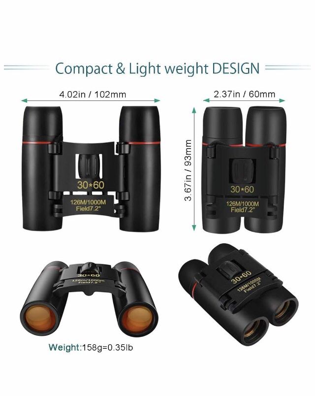 30x60 Compact Binoculars, Small Folding Binoculars with Night Vision, Large Eyepiece Easy Focus for Kids Adults Bird Watching Travel Hunting Concerts