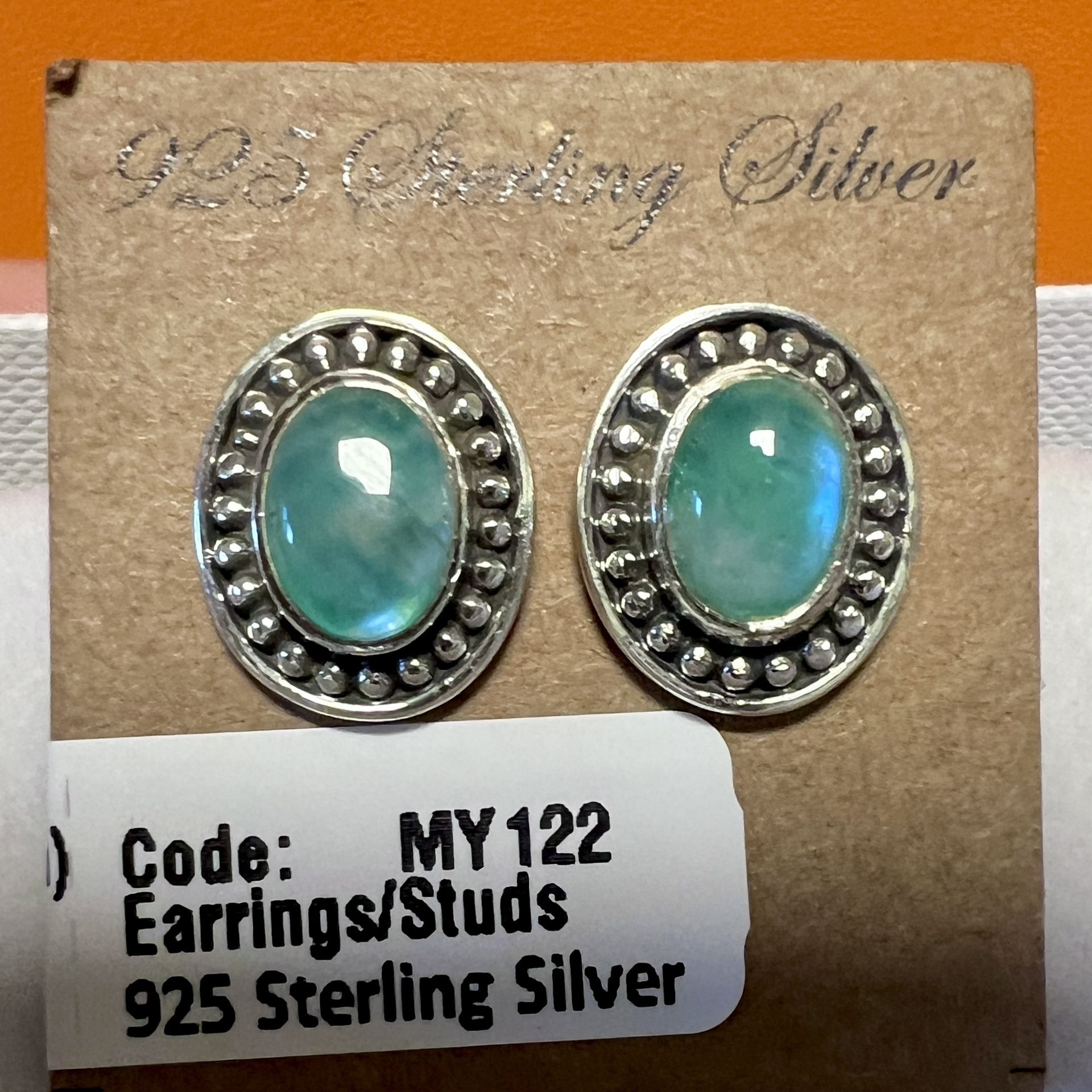 Green Rainbow MoonStone Stud Earring Post 925 Sterling Silver