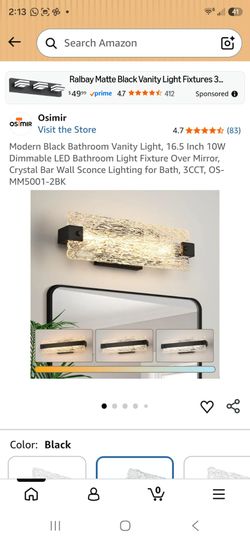 Modern Black Bathroom Vanity Light, 16.5 Inch 10W Dimmable LED Bathroom Light Fixture Over Mirror, Crystal Bar Wall Sconce Lighting for Bath, 3CCT, OS