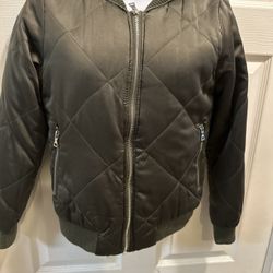 Forever 21 Women's Sz Small Satin Zip Bomber Jacket Olive Shiny