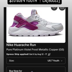 Girls Size 4-Nike Huarache Run Pure Platinum Violet Frost
