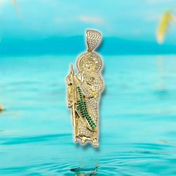 14kt Yellow Gold St Jude Pedant with Green and Clear Stones