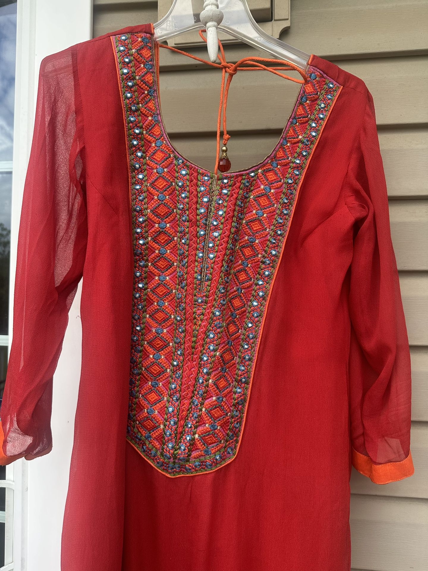 Red Bollywood Anarkali Kurta Dress + embroidery. Goldy’s Nest Chest: 31” Size Small