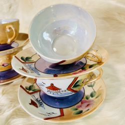 1920 -30 Sunny China Made in Japan - Seashore Pattern with Roses - Lusterware - Cup and Saucer set of 4