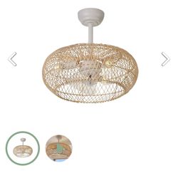 KAISOTREE branded ceiling fan light fixture featuring a handwoven rattan cage design.  Type: Flush mount caged ceiling fan with integrated lighting. w