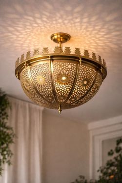 Moroccan Brass Filigree Flush Mount Ceiling Light