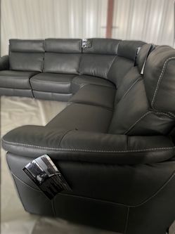 Grey Natuzzi Group Leather Power Reclining Sectional with Power Headrests 
