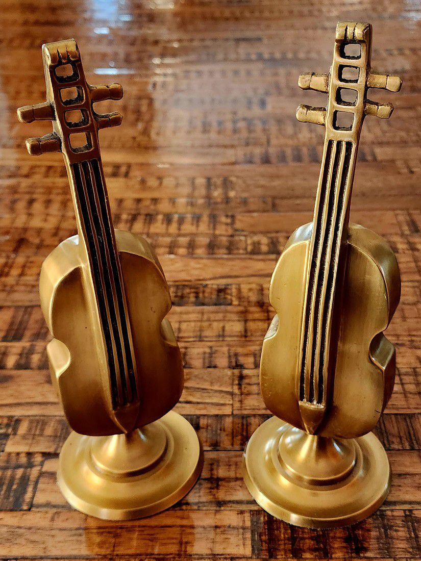 Mid Century Pair Cast Brass Cello Decor ~ Bookends