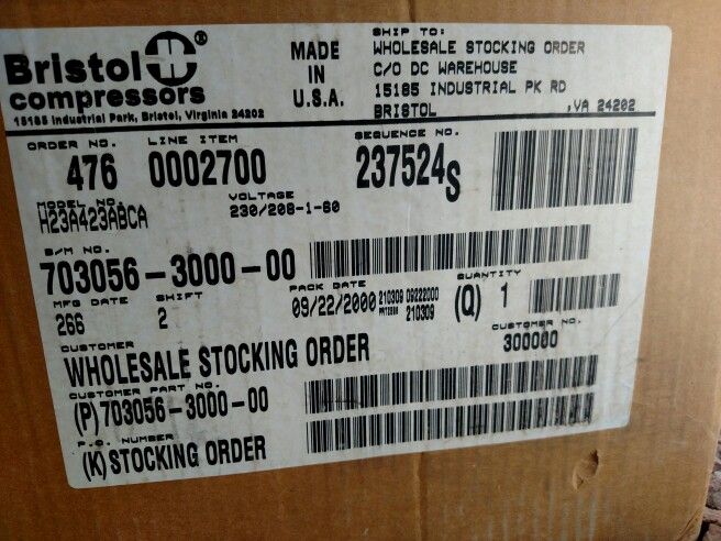 Bristol a/c compressor NIB model# H23A423ABCA R22