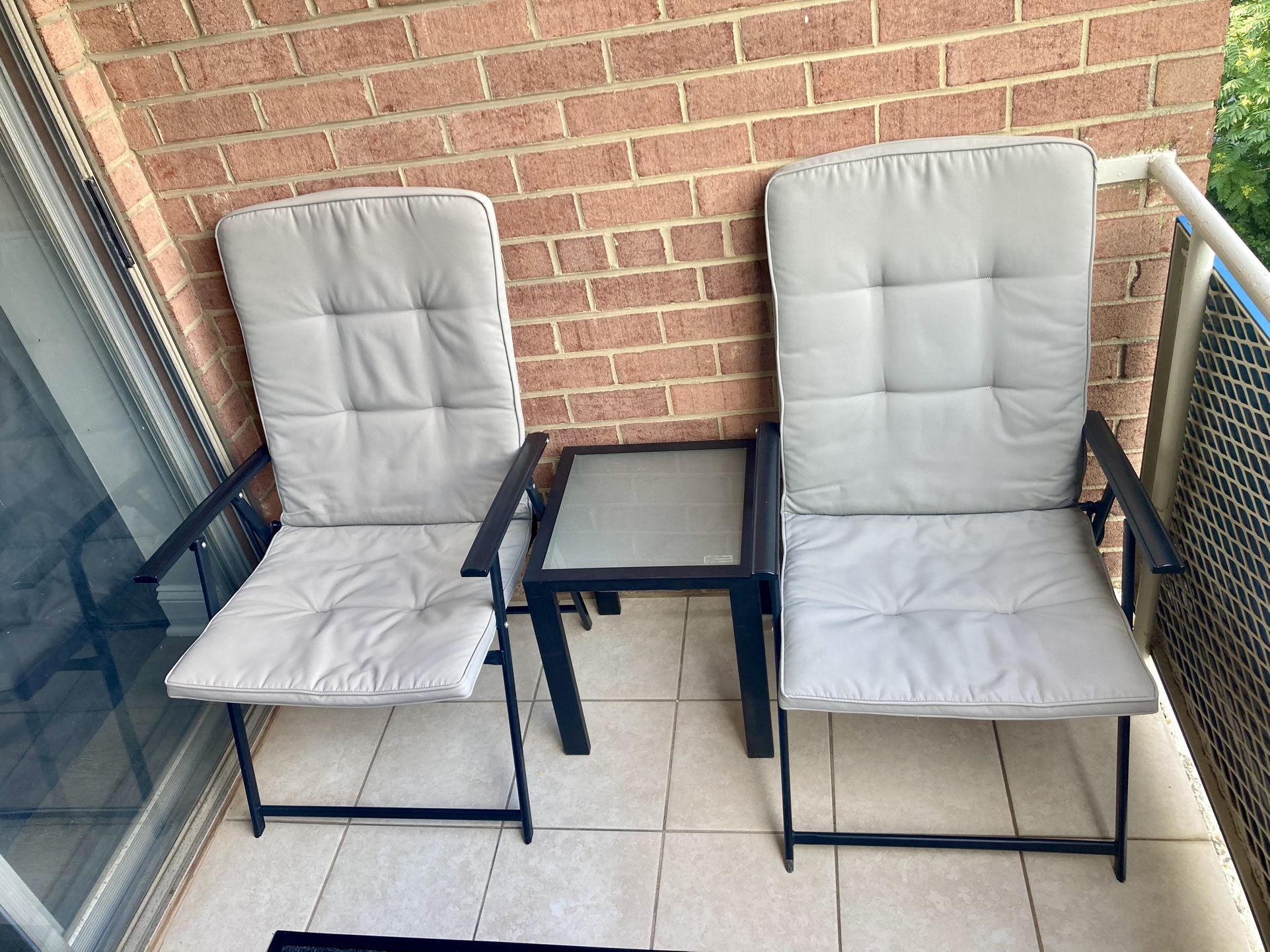 3-Piece Patio Set W/ Double Padded Oversized Folding Chairs, Gray + Frosted Glass Table