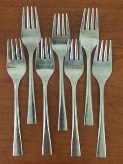 Set of 7 Vintage Beaded Stainless Steel Forks-hammered pattern  made in Japan
