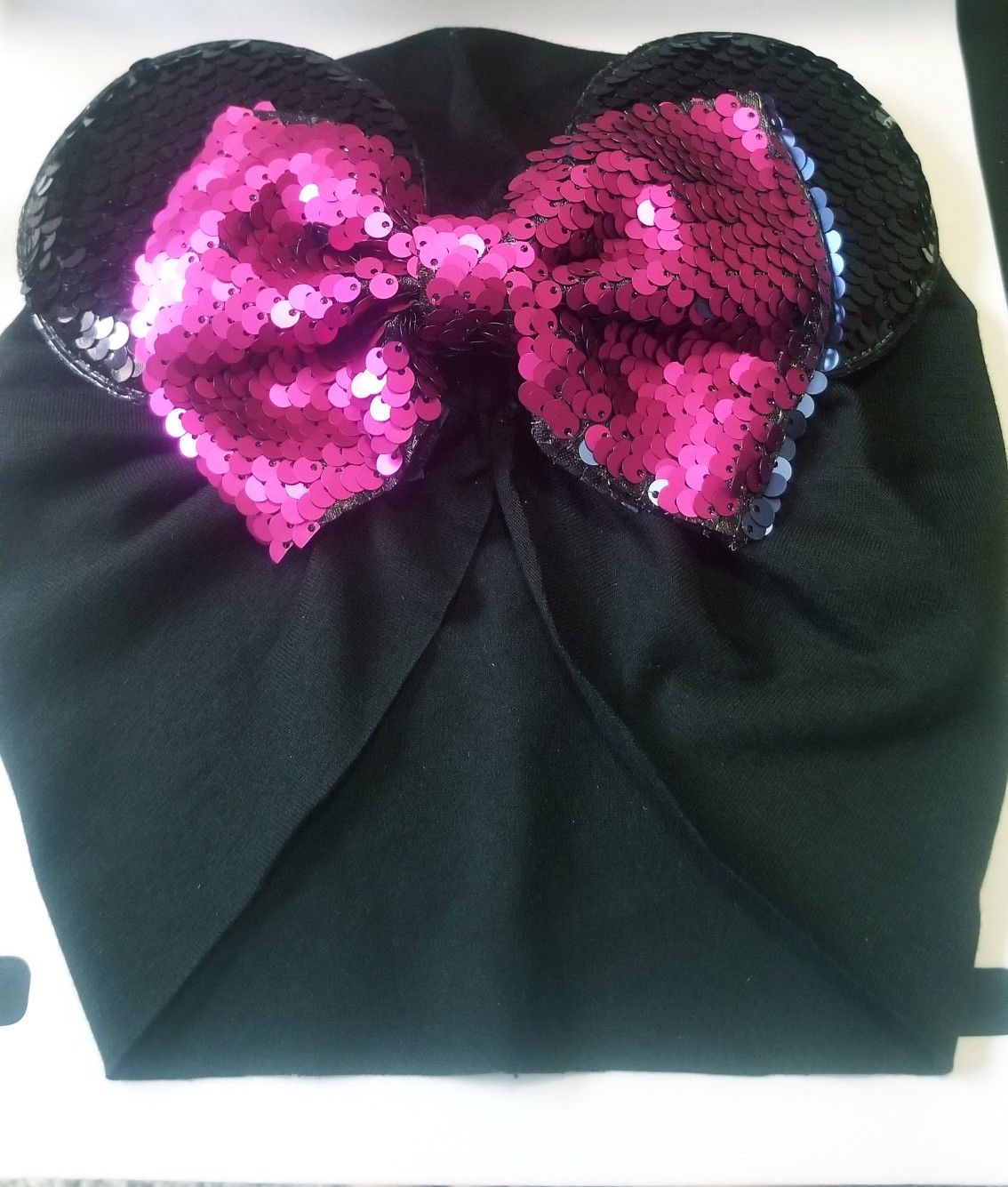 Baby turban cap Minnie Mouse ears hair band with sequins .