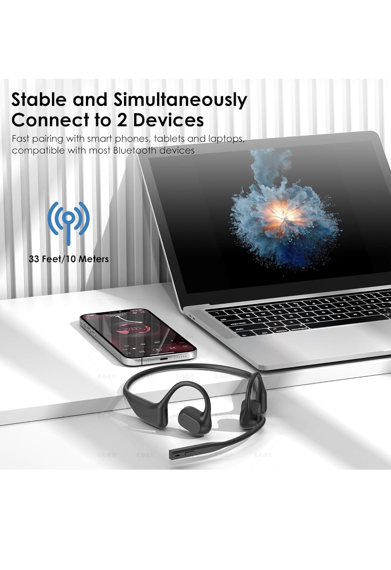 Open Ear Headphones with Mic, Bluetooth Headset with Microphone, Dual Connect Bluetooth 5.3 with Al Noise Cancelling Mic & Mute Function, Wireless Hea