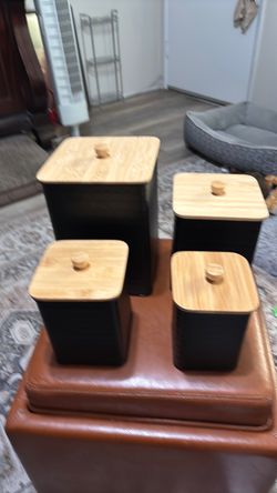 Cannister Set black metal wood tops not used