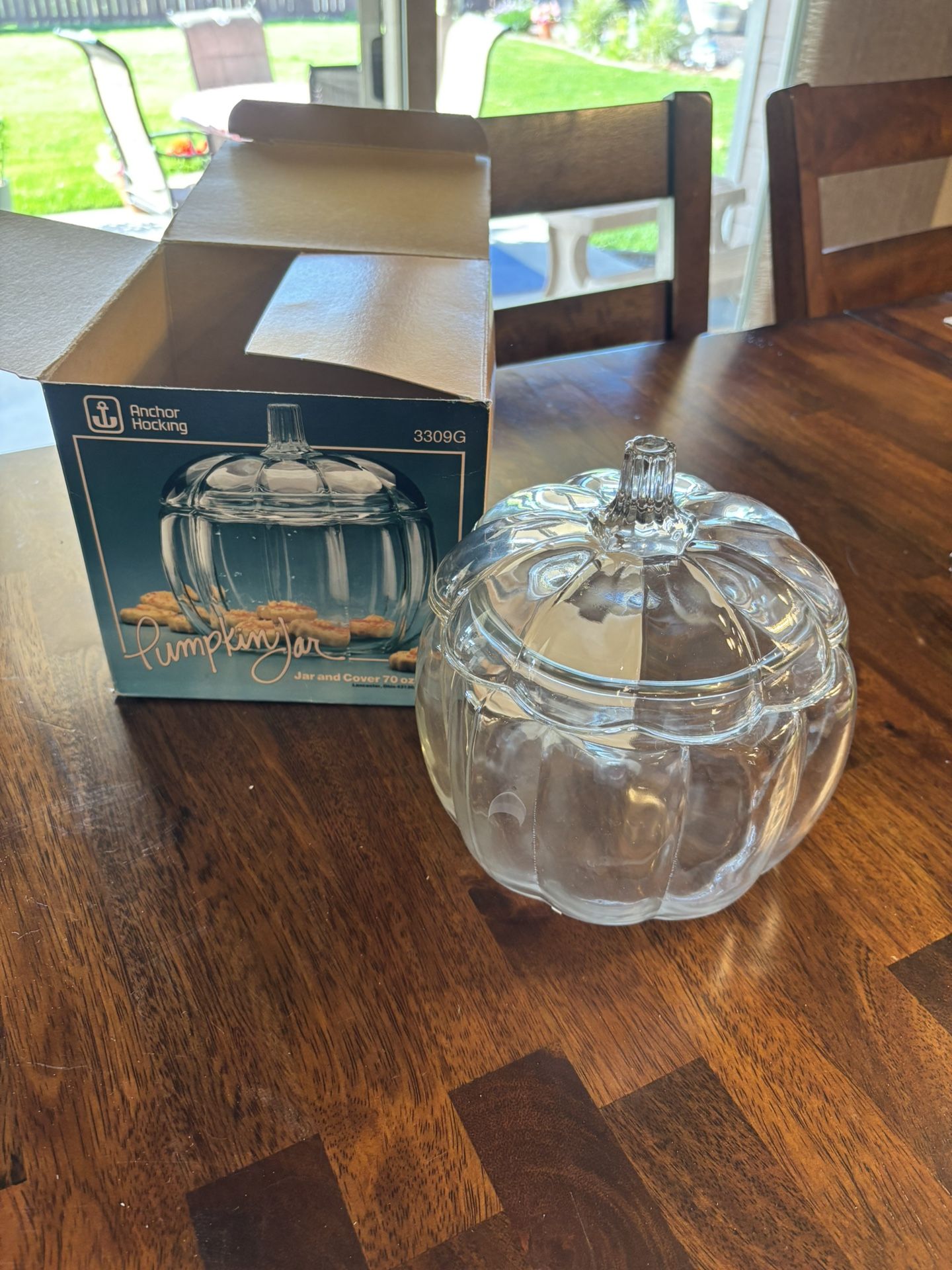 Vintage Anchor Hocking Pumpkin Glass Candy Cookie Jar Clear Fall Harvest