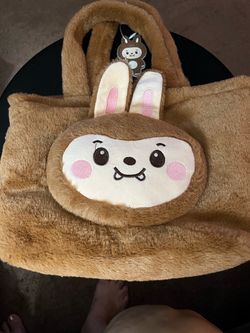 Brown Plush Tote Bag With Labubu Type Character Design