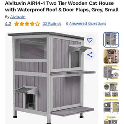 Aivituvin AIR14-1 Two Tier Wooden Cat House with Waterproof Roof & Door Flaps, Grey, Small