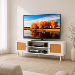 Modern TV Stand with Storage Cabinets, White Entertainment Center for Living Room, Media Console Table with Rattan Style Doors for TVs up to 65”