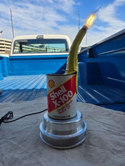 Vintage Shell oil can light with spout and engjne pulley
