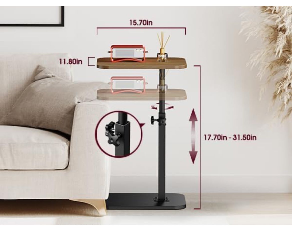 End Table C-Shaped Adjustable Pedestal Side Table Night Stand with 360° Rotating Top, Height Adjustable, Small Couch Living Room or Bedroom Versatile