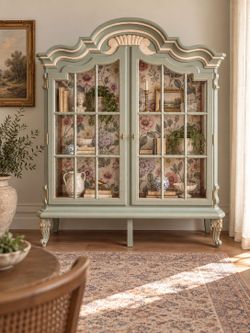 French Provincial Display Cabinet | Sage Green & Gold Accents