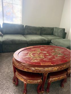 V intage Japanese Dragon Lacquer Nesting Coffee Table Set • Purchased in Japan • Solid Wood