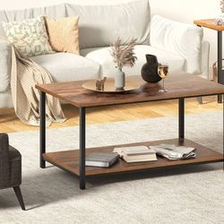 Small Brown Rectangle Wood and Metal Coffee Table with Storage Shelf for Small Living Rooms