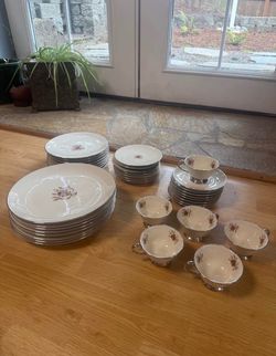Vintage Flintridge China Set Coca Rose with Platinum trim