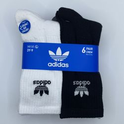 Adidas Black & White Socks 6 Pair Crew Pack 3y-9