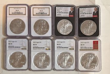 8 - Graded & Certified Silver Eagle Coins / One Ounce 1 oz.  Silver Eagles